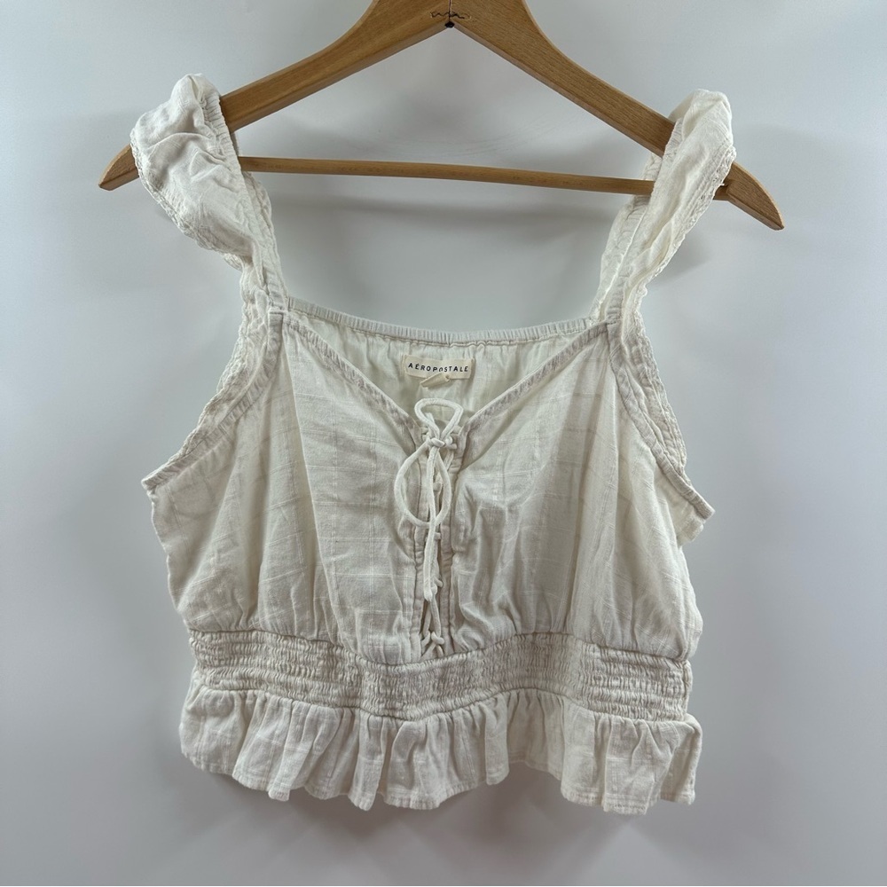 Aeropostale White Lace-Up Cropped Tank Top – Ruffled Straps, Size Medium - Picture 1 of 6